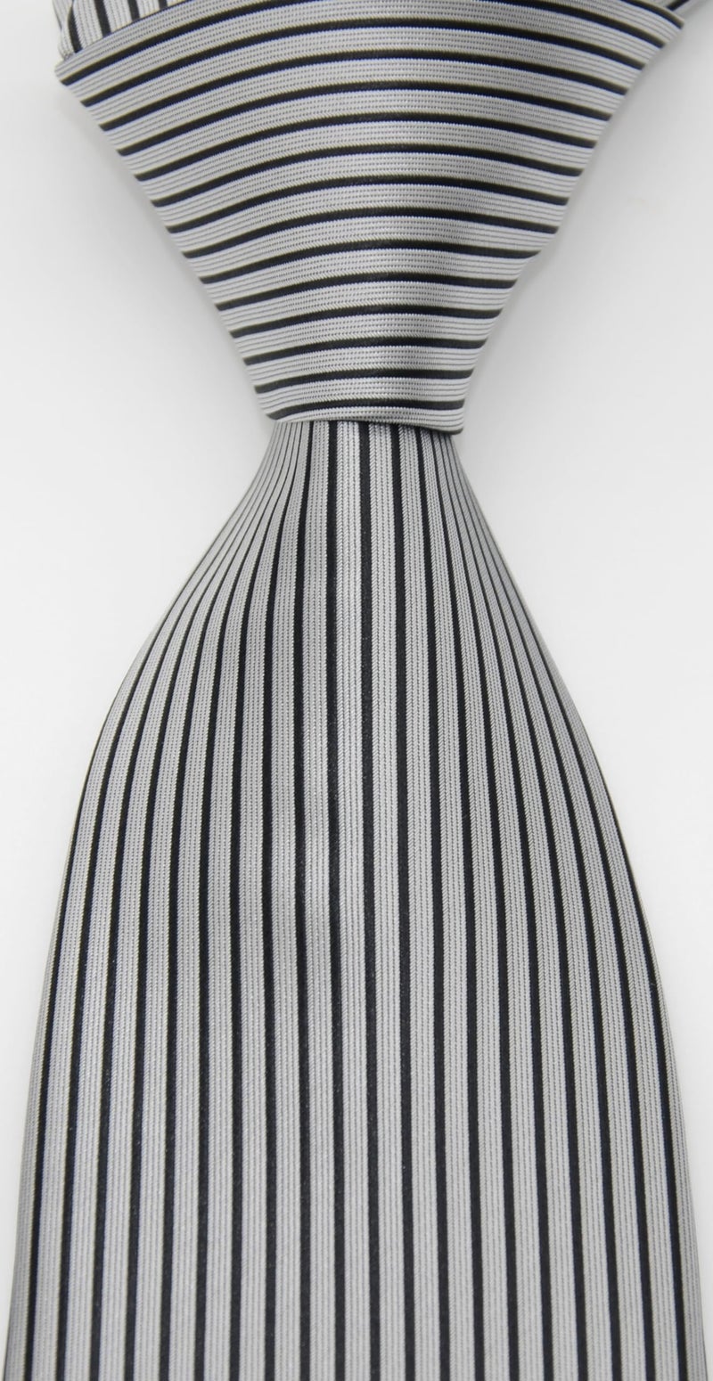 Geotae Zerun New Classic Men's Striped Silk Tie Necktie (Silver Grey/Black) - Image 4